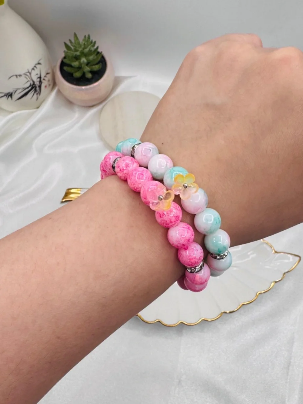 Pink & Turquoise Beaded Stretch Bracelet Set with Flower Charms | Stackable